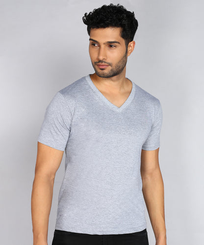 Men's Cotton Plain V Neck Half Sleeve Grey Melange Color T-Shirt - front view