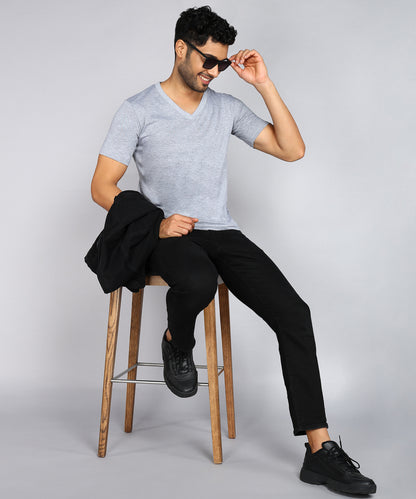 Men's Cotton Plain V Neck Half Sleeve Grey Melange Color T-Shirt - image 4