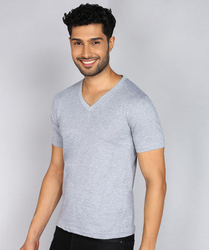 Men's Cotton Plain V Neck Half Sleeve Grey Melange Color T-Shirt - image 3