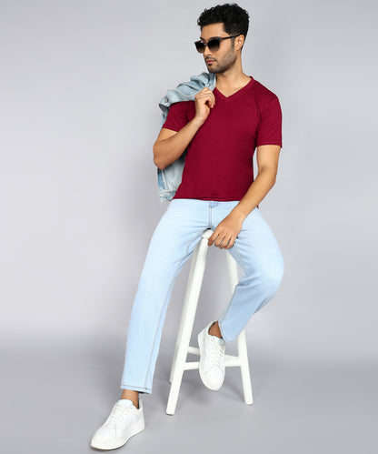 Men's Cotton Plain V Neck Half Sleeve Maroon Color T-Shirt - image 4