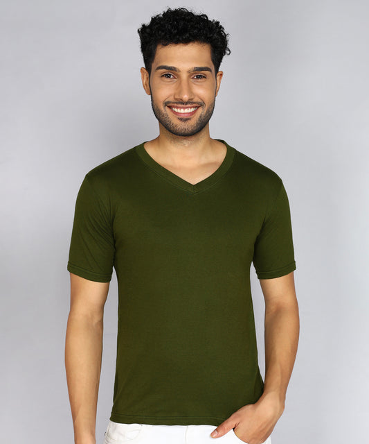 Men's Cotton Plain V Neck Half Sleeve Olive Green Color T-Shirt - front view