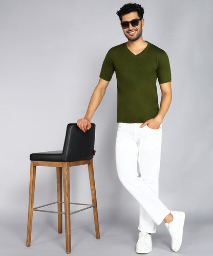 Men's Cotton Plain V Neck Half Sleeve Olive Green Color T-Shirt - image 4