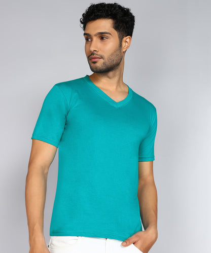 Men's Cotton Plain V Neck Half Sleeve Shade Green Color T-Shirt - front view