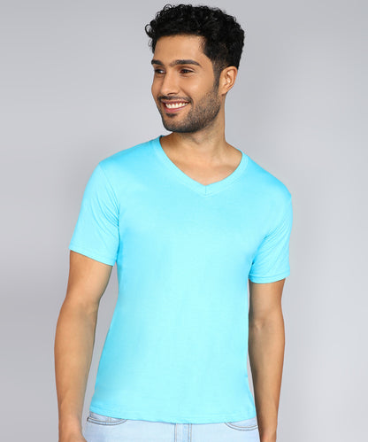 Men's Cotton Plain V Neck Half Sleeve Sky Blue Color T-Shirt - front view