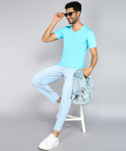 Men's Cotton Plain V Neck Half Sleeve Sky Blue Color T-Shirt - image 5