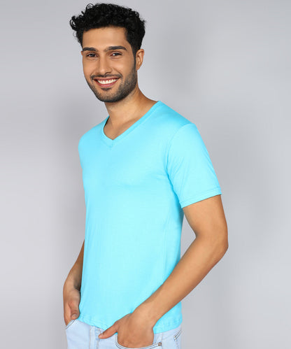 Men's Cotton Plain V Neck Half Sleeve Sky Blue Color T-Shirt - image 3