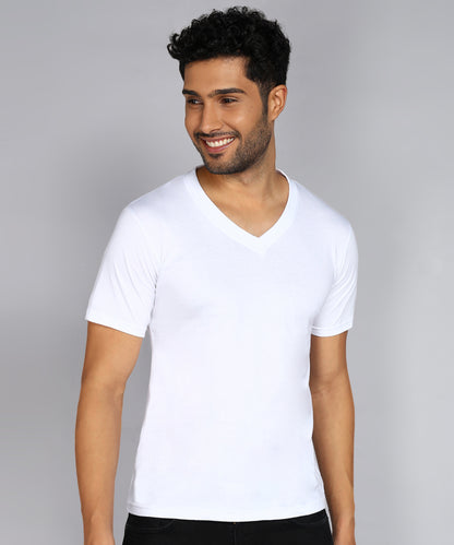 Men's Cotton Plain V Neck Half Sleeve White Color T-Shirt - front view