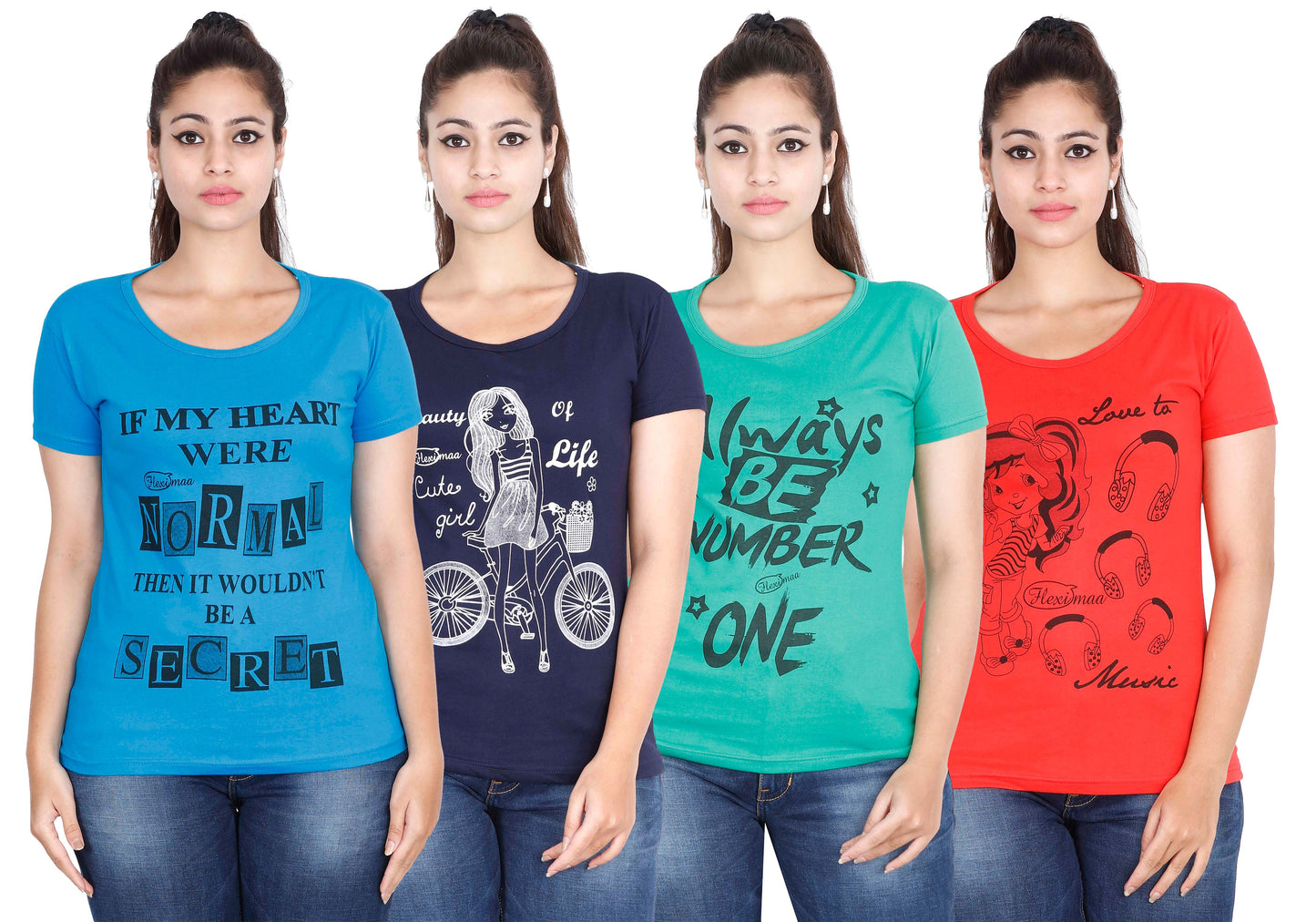 Women's Cotton Round Neck Printed Half Sleeve T-Shirt - ( Pack of 4)