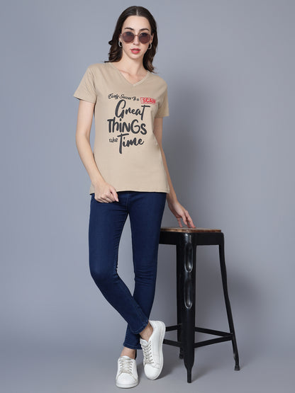 Women's Cotton V Neck Typography Printed Half Sleeve T-Shirt