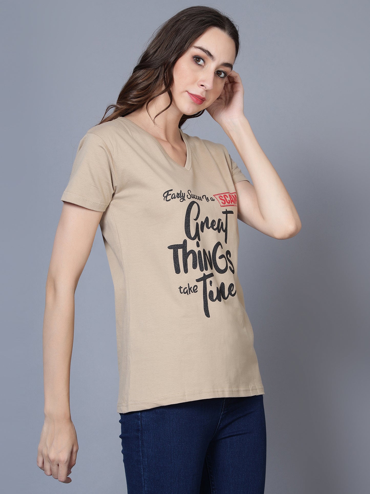 Women's Cotton V Neck Typography Printed Half Sleeve T-Shirt