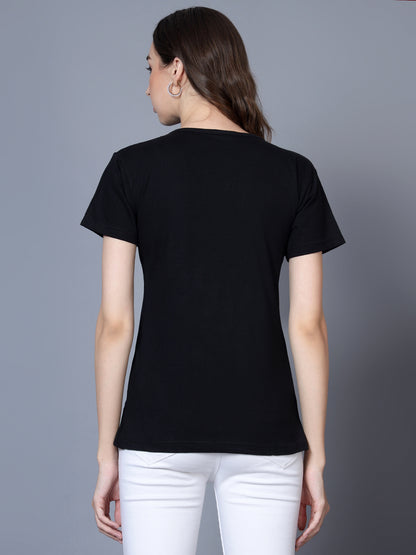 Women's Cotton V Neck Typography Printed Half Sleeve T-Shirt