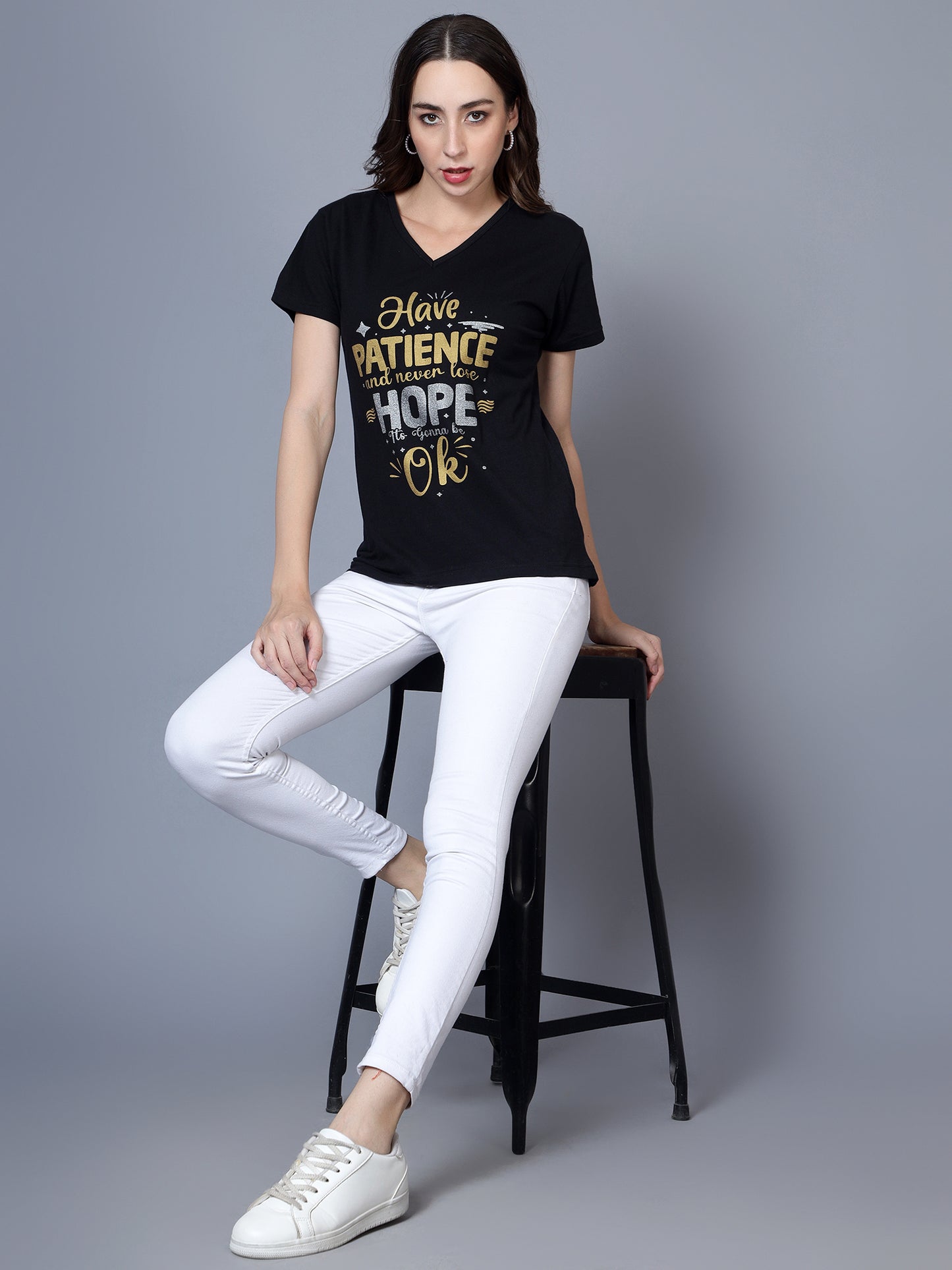 Women's Cotton V Neck Typography Printed Half Sleeve T-Shirt (Pack of 2)