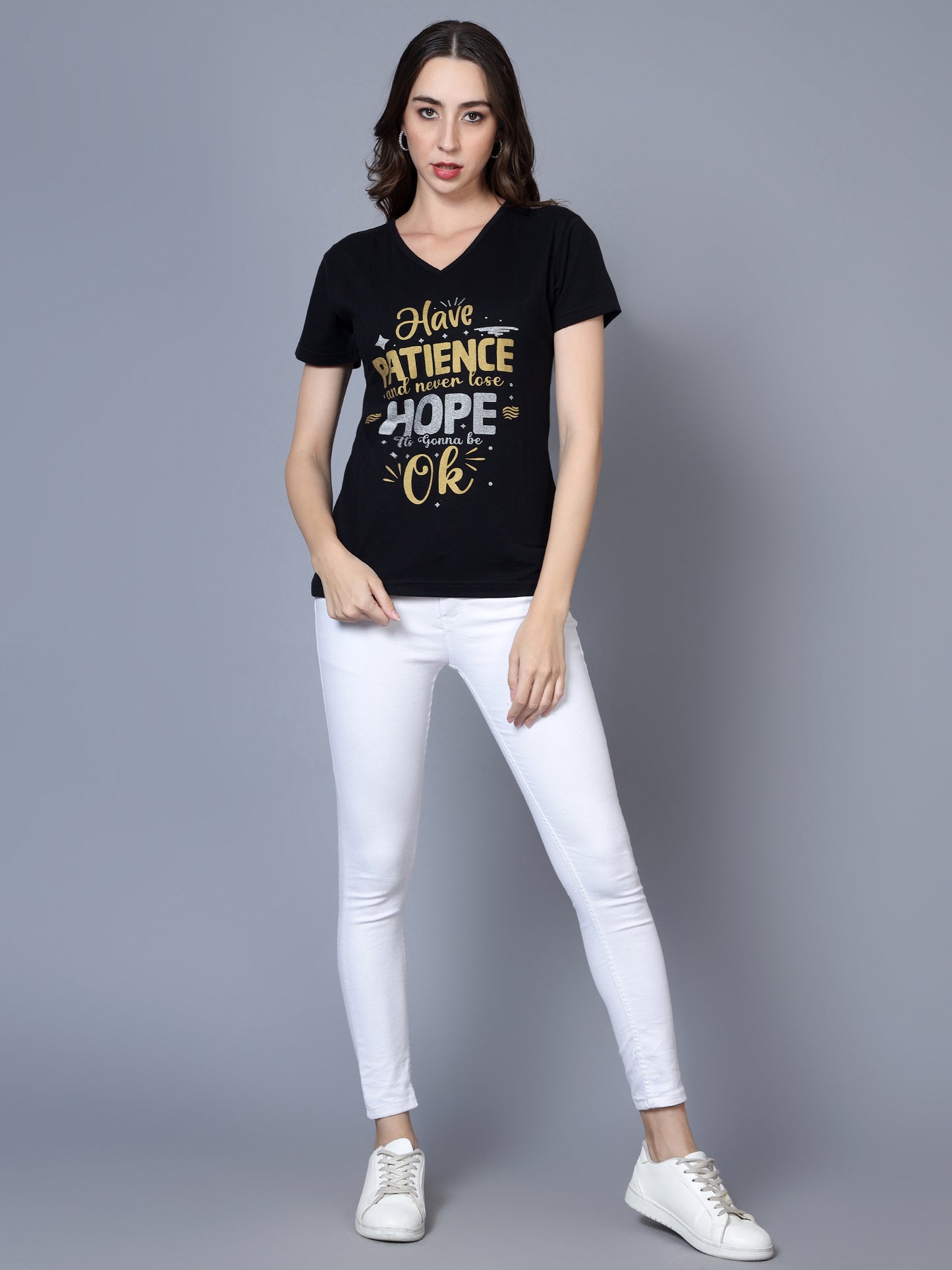 Women's Cotton V Neck Typography Printed Half Sleeve T-Shirt