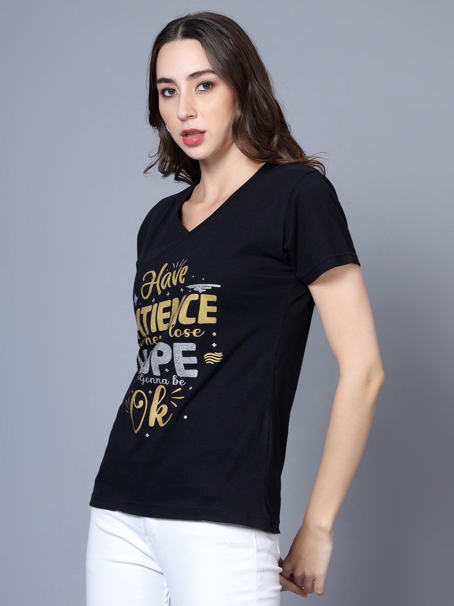 Women's Cotton V Neck Typography Printed Half Sleeve T-Shirt