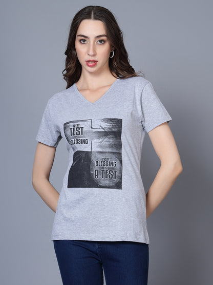 Women's Cotton V Neck Typography Printed Half Sleeve T-Shirt