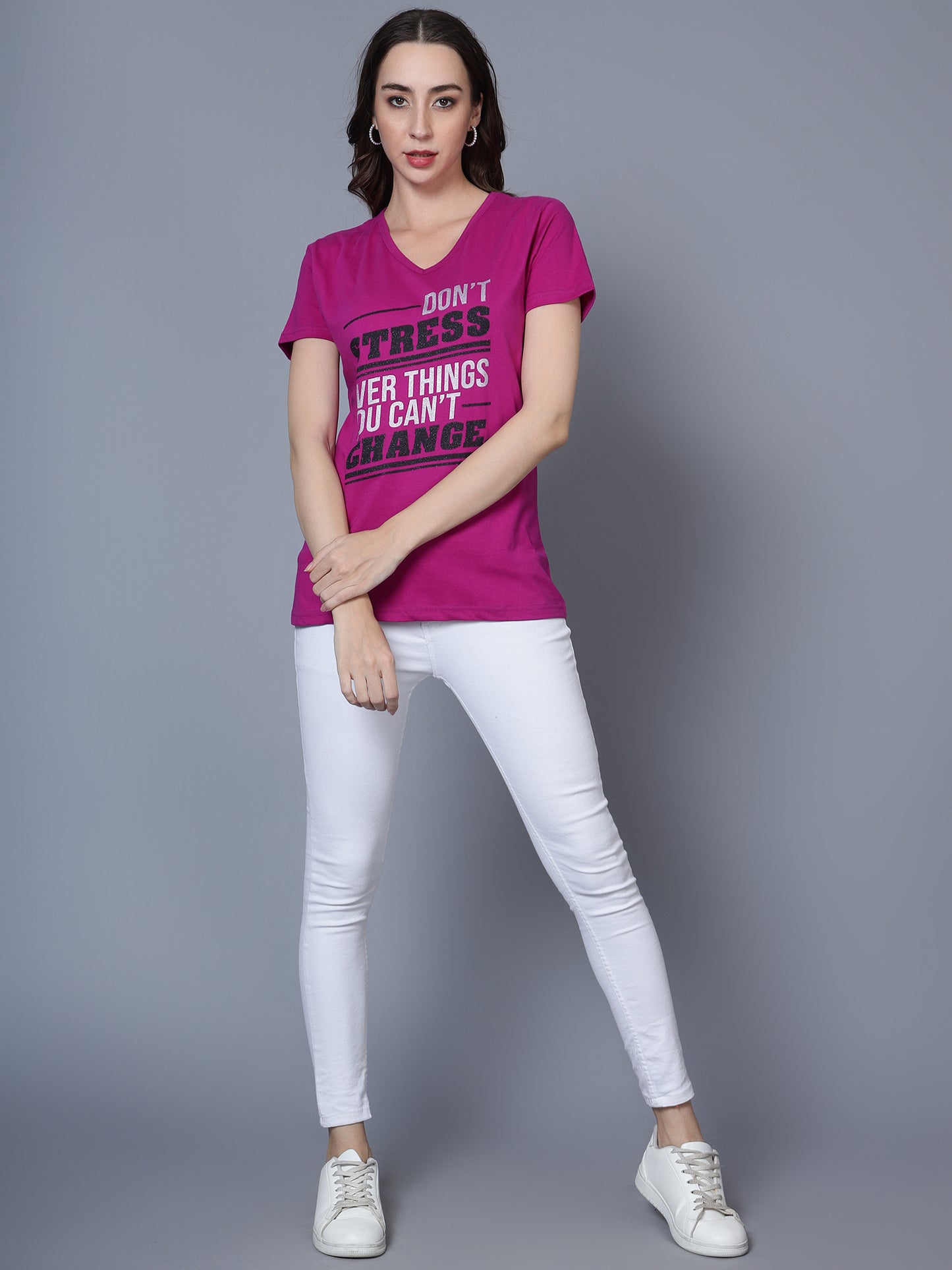 Women's Cotton V Neck Typography Printed Half Sleeve T-Shirt