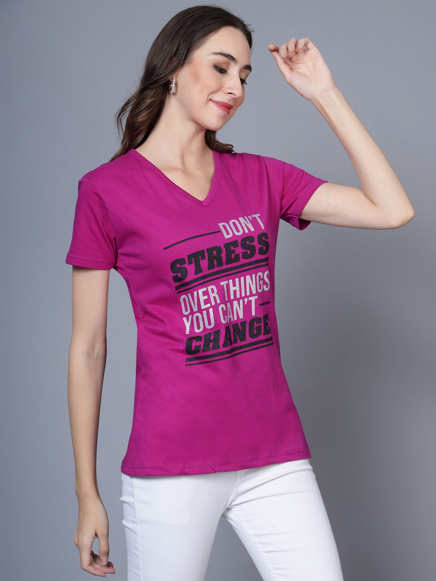 Women's Cotton V Neck Typography Printed Half Sleeve T-Shirt