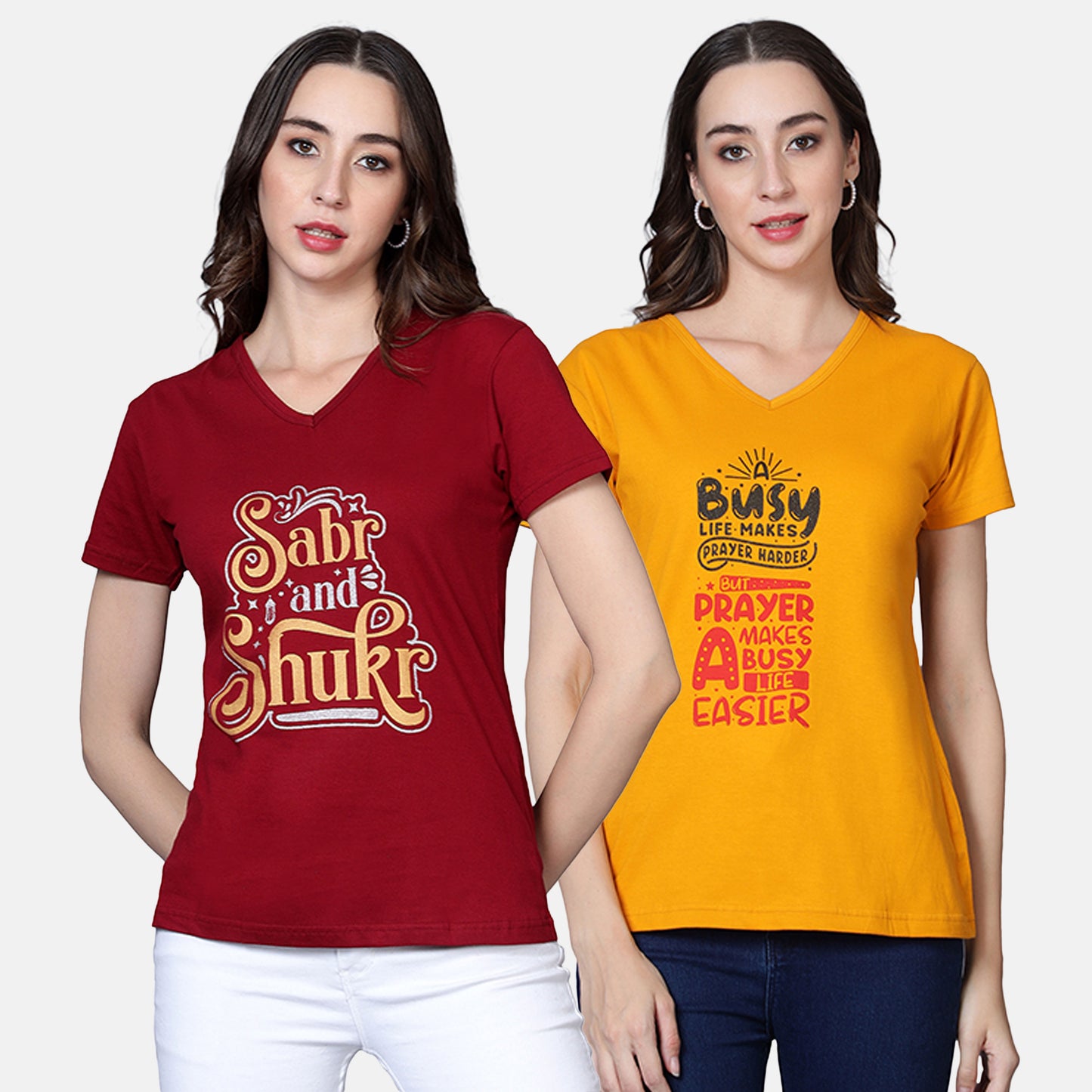 Women's Cotton V Neck Typography Printed Half Sleeve T-Shirt (Pack of 2)