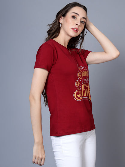 Women's Cotton V Neck Typography Printed Half Sleeve T-Shirt