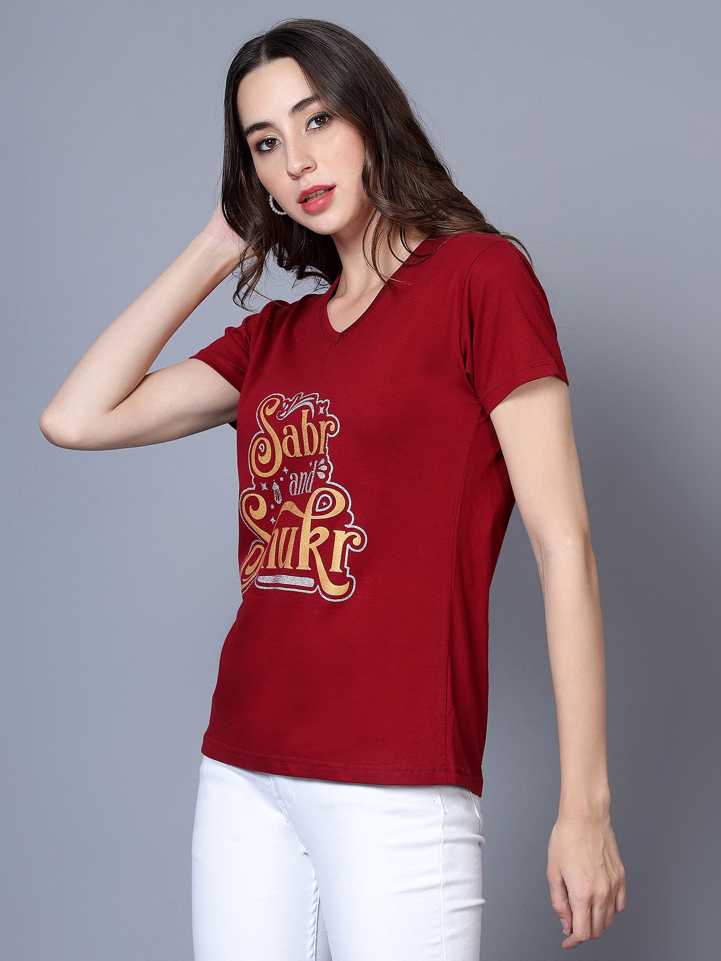 Women's Cotton V Neck Typography Printed Half Sleeve T-Shirt