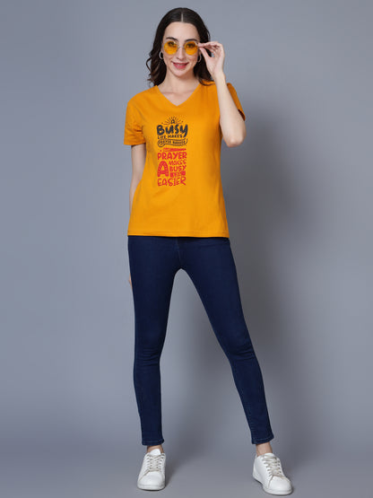 Women's Cotton V Neck Typography Printed Half Sleeve T-Shirt