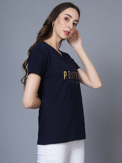 Women's Cotton V Neck Typography Printed Half Sleeve T-Shirt