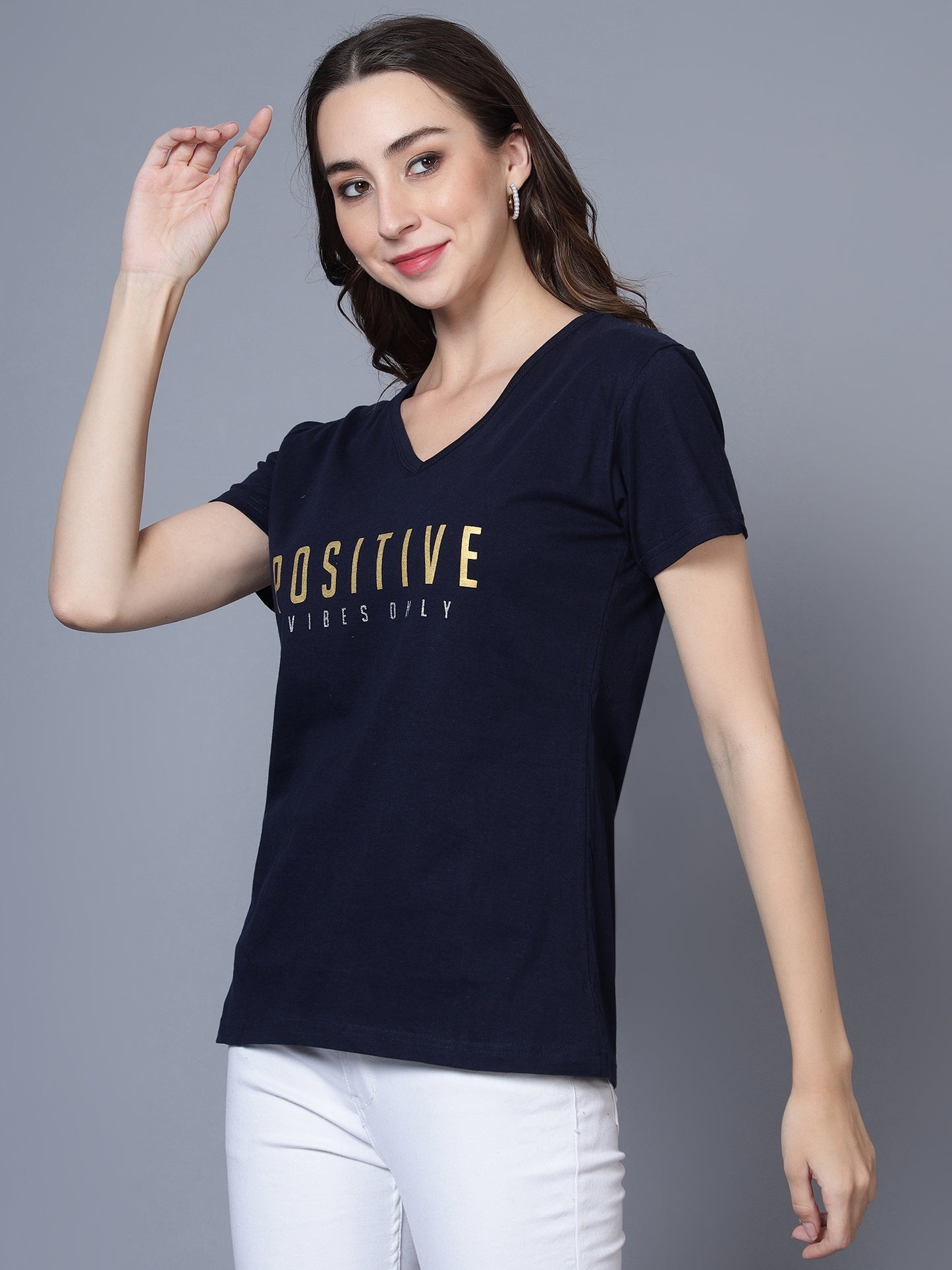 Women's Cotton V Neck Typography Printed Half Sleeve T-Shirt (Pack of 2)