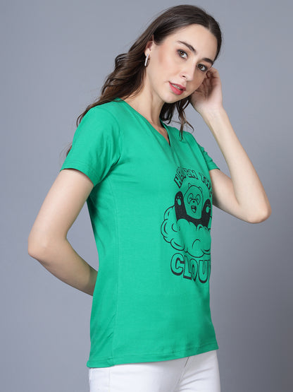 Women's Cotton V Neck Typography Printed Half Sleeve T-Shirt