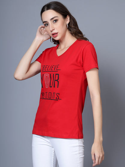 Women's Cotton V Neck Typography Printed Half Sleeve T-Shirt