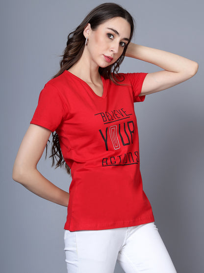 Women's Cotton V Neck Typography Printed Half Sleeve T-Shirt