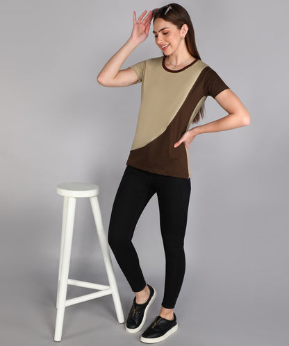 Women's Cotton Color Block Round Neck Half Sleeve T-Shirt