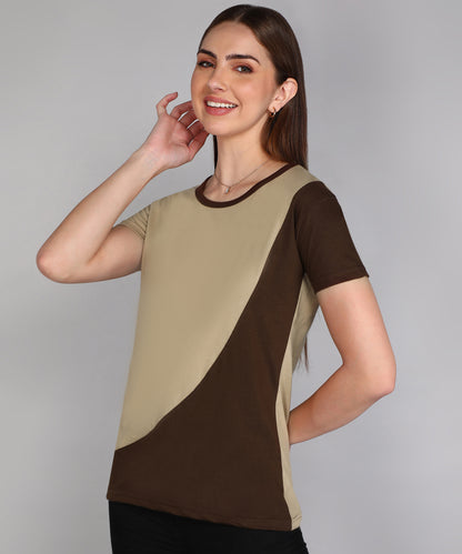 Women's Cotton Color Block Round Neck Half Sleeve T-Shirt