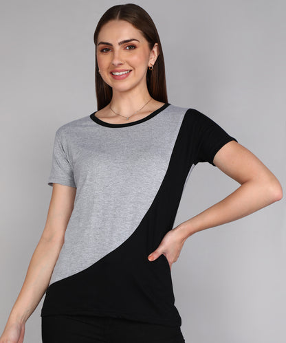 Women's Cotton Color Block Round Neck Half Sleeve T-Shirt
