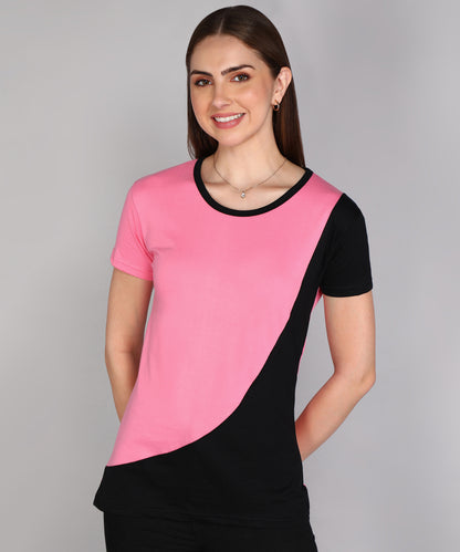 Women's Cotton Color Block Round Neck Half Sleeve T-Shirt