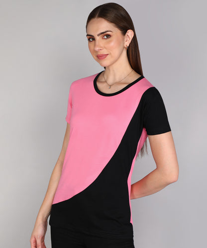Women's Cotton Color Block Round Neck Half Sleeve T-Shirt