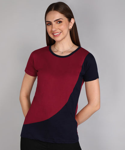 Women's Cotton Color Block Round Neck Half Sleeve T-Shirt