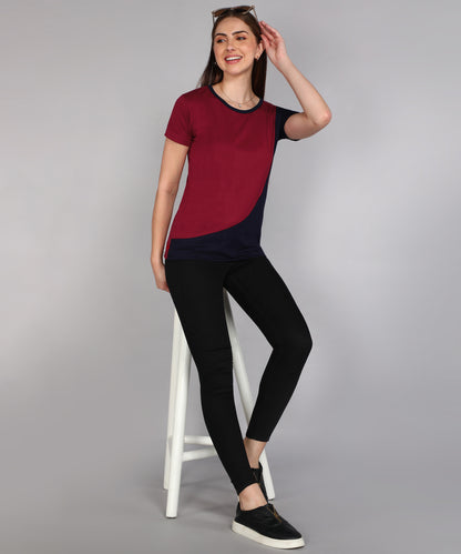 Women's Cotton Color Block Round Neck Half Sleeve T-Shirt