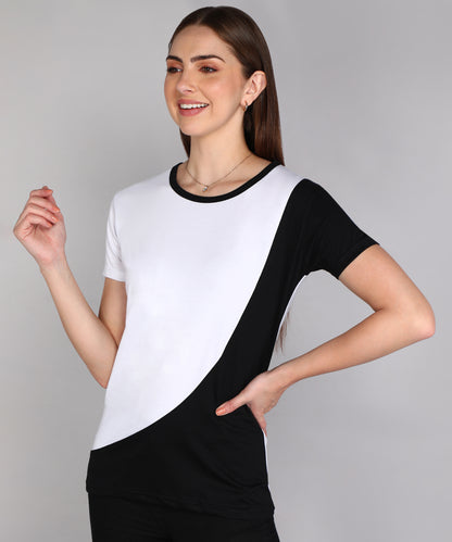 Women's Cotton Color Block Round Neck Half Sleeve T-Shirt