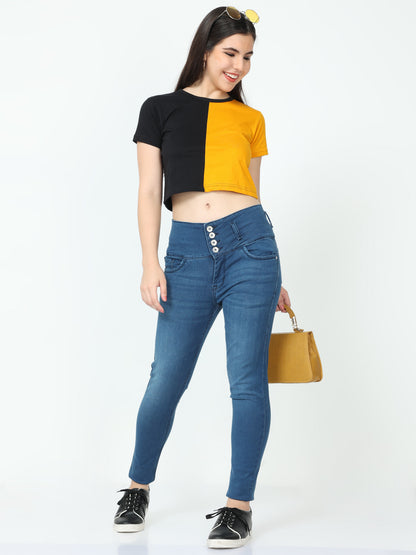 Women's Cotton Color Block Half Sleeve Crop Top