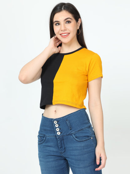 Women's Cotton Color Block Half Sleeve Crop Top