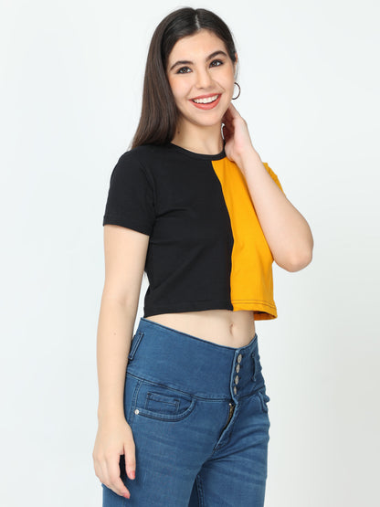 Women's Cotton Color Block Half Sleeve Crop Top