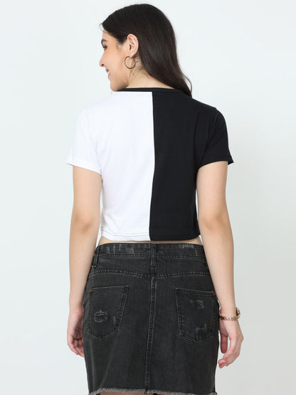 Women's Cotton Color Block Half Sleeve Crop Top