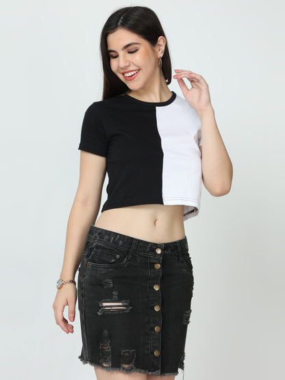 Women's Cotton Color Block Half Sleeve Crop Top