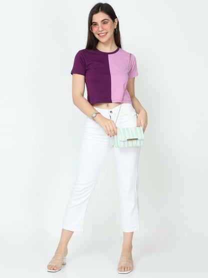 Women's Cotton Color Block Half Sleeve Crop Top