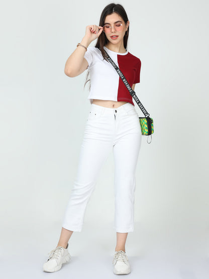 Women's Cotton Color Block Half Sleeve Crop Top