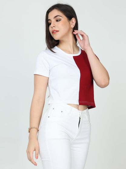 Women's Cotton Color Block Half Sleeve Crop Top