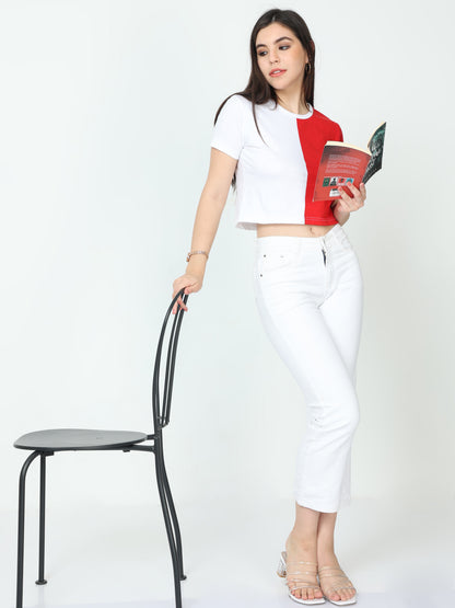 Women's Cotton Color Block Half Sleeve Crop Top