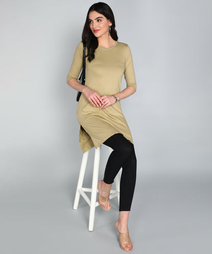 Women's Cotton Plain Round Neck 3/4 Sleeve Long Top