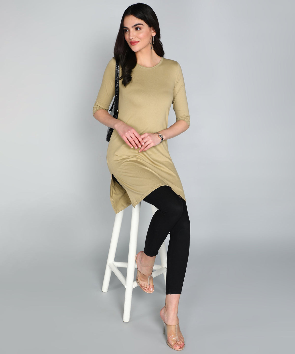 Fleximaa women's plain round-neck 3/4 sleeve long top — Biscuit, full length view