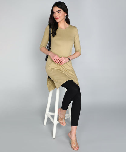 Fleximaa women's plain round-neck 3/4 sleeve long top — Biscuit, full length view
